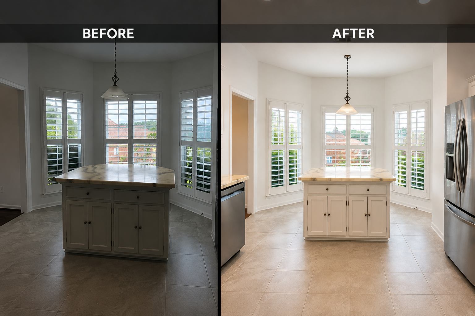 Before and after comparison of an enhanced kitchen listing photo